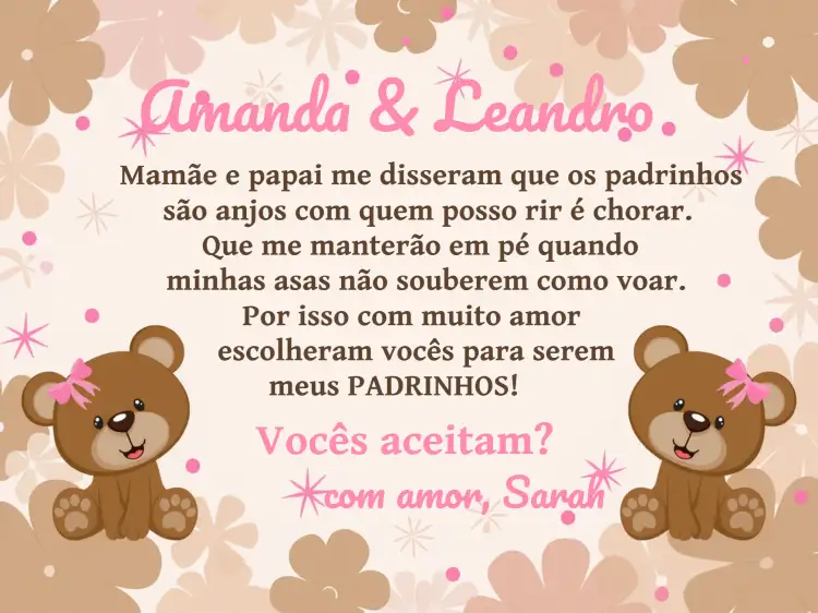 Convite Padrinhos De Batismo Ursinha Religião – tema Batizado ursinha, rosa e marrom, religioso, doce, inspirador, infantil