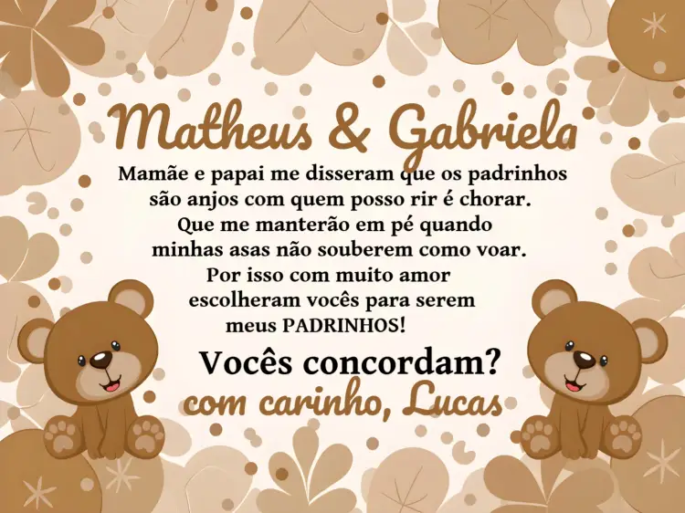 Convite Padrinhos De Batismo Ursinho Anjinha editável e personalizável