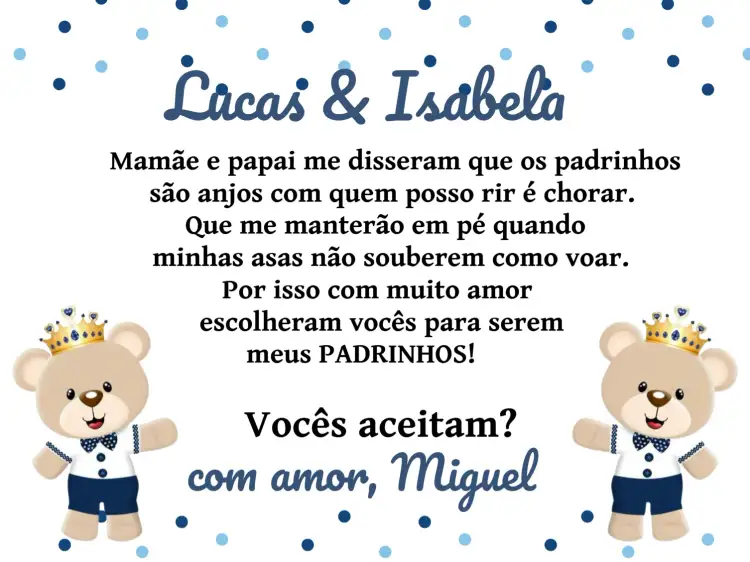 Convite Padrinhos De Batismo Ursinho Príncipe Branco – tema Batizado azul e branco, ursinho, príncipe, infantil, religioso