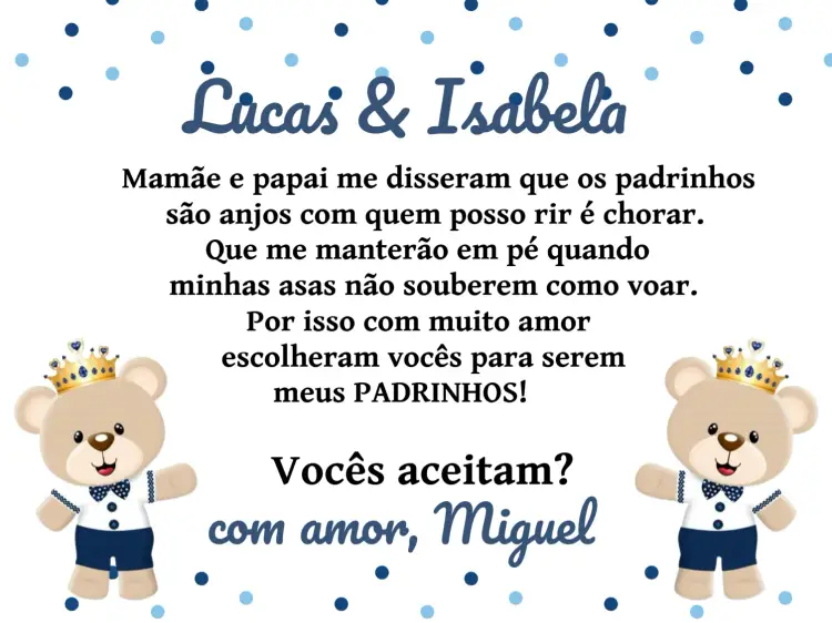 Convite Padrinhos De Batismo Ursinho Príncipe Branco