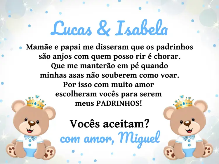 Convite Padrinhos De Batismo Ursinho Príncipe Igreja