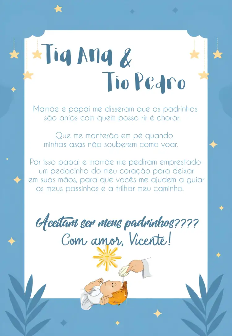 Convite Padrinhos De Batizado Azul – tema Primeira Comunhão azul suave, elementos católicos, anjos, moderno, ilustração delicada