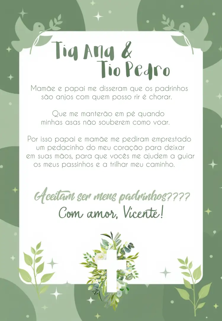 Convite Padrinhos De Batizado Batismo – tema Primeira Comunhão verde suave, anjo, católico, delicado, festivo, natureza