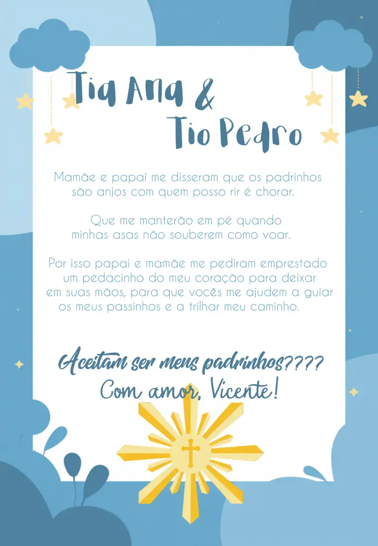Convite Padrinhos De Batizado Madrinhas – tema Primeira Comunhão gráfico minimalista, tons de azul, elementos religiosos, design delicado, estilo moderno