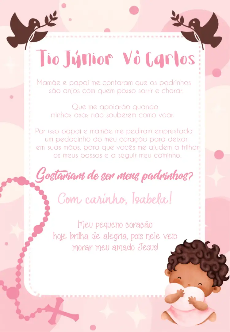 Convite Padrinhos De Batizado Menina – tema Primeira Comunhão verde, angelical, delicado, moderno, floral