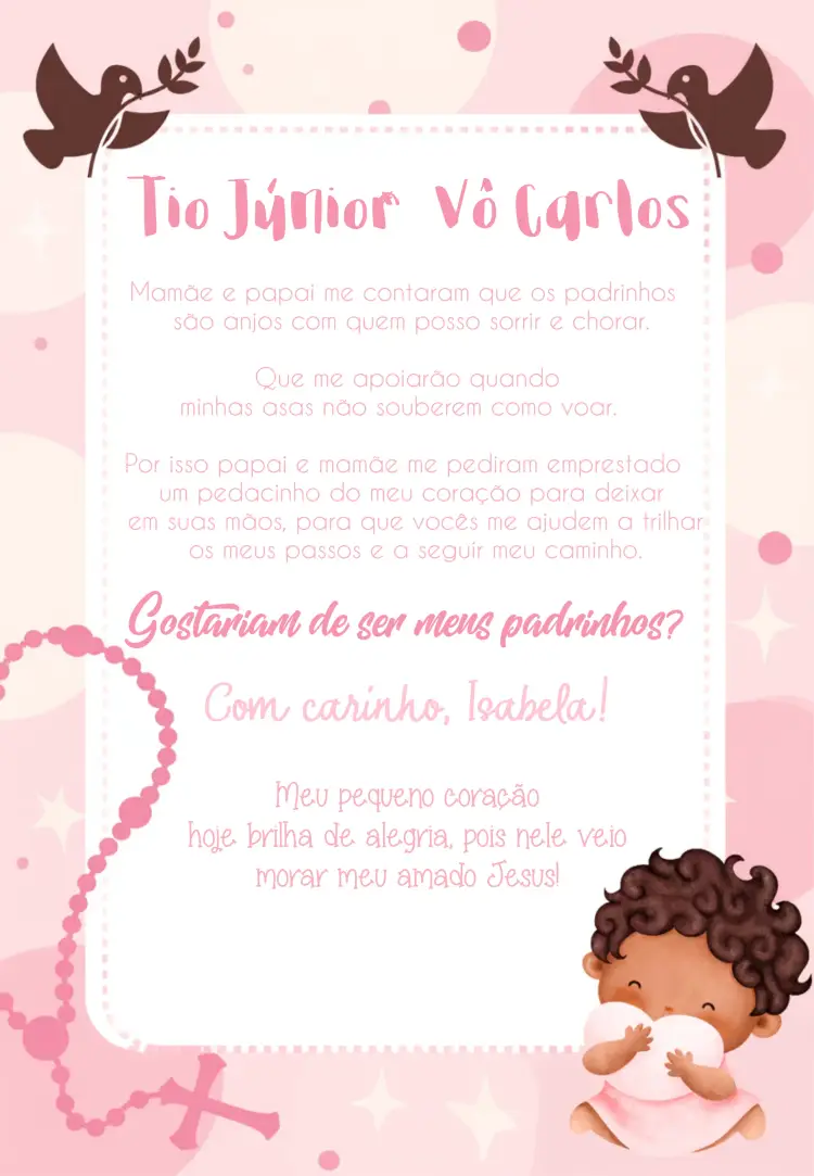 Convite Padrinhos De Batizado Menina