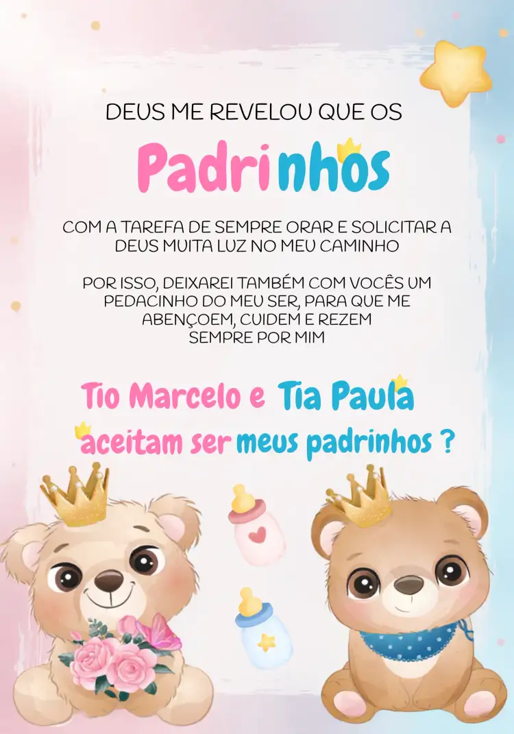 Convite Padrinhos Ursinhos Realeza Revelação – tema Chá Revelação ursinhos, realeza, rosa e azul, lúdico, divertido, infantil