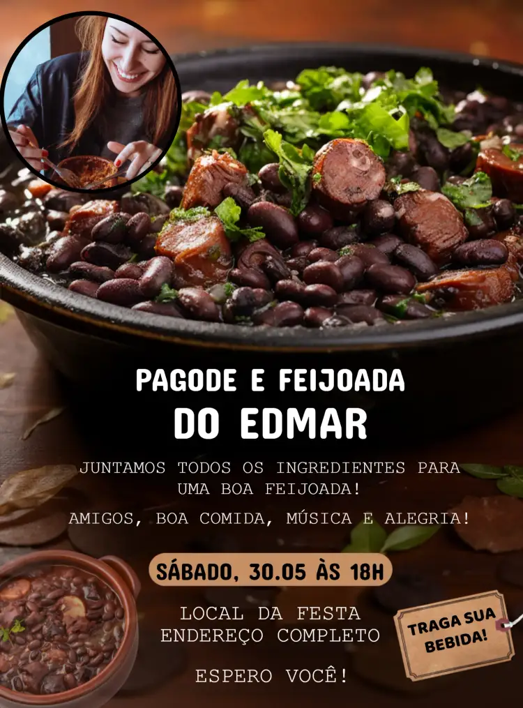 Convite Pagode E Feijoada Com Foto Feijão – tema Chá de Panela colorido, tropical, rústico, divertido, brasileiro, musical