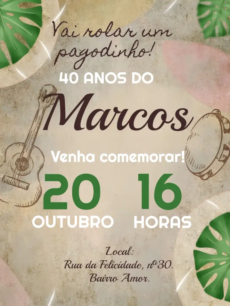 Convite Pagode Pagodinho – tema Mais pesquisados tropical, festivo, colorido, moderno, divertido, alegre
