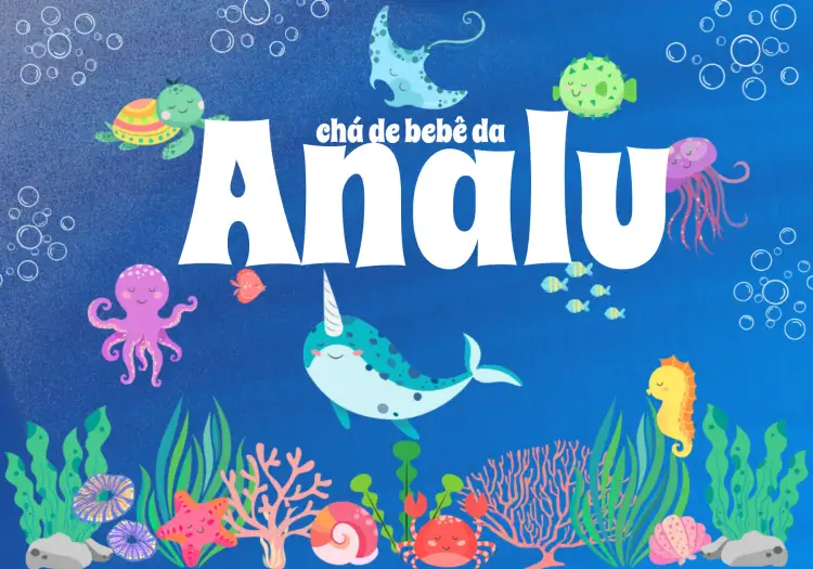 Convite Painel De Tv Chá Bebê Fundo Do Mar Azul – tema Aniversário Infantil fundo do mar, azul claro, divertido, lúdico, animais marinhos, moderno