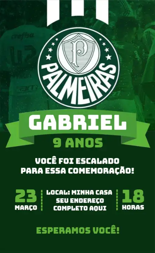 Convite Palmeiras 1 – tema Aniversário verde e branco, futebol, moderno, vibrante, esportivo, temático