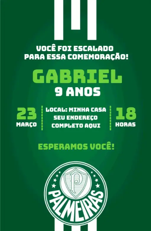 Convite Palmeiras 2 – tema Aniversário verde e branco, futebol, moderno, dinâmico, esportivo
