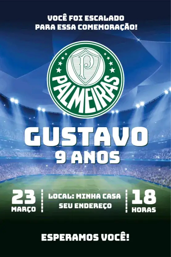 Convite Palmeiras 4 – tema Aniversário verde e branco, futebol, moderno, temático, esportivo, divertido