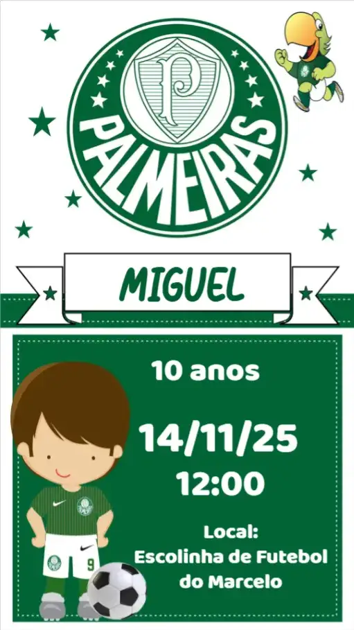 Convite Palmeiras – tema Aniversário verde e branco, futebol, moderno, jovem, dinâmico