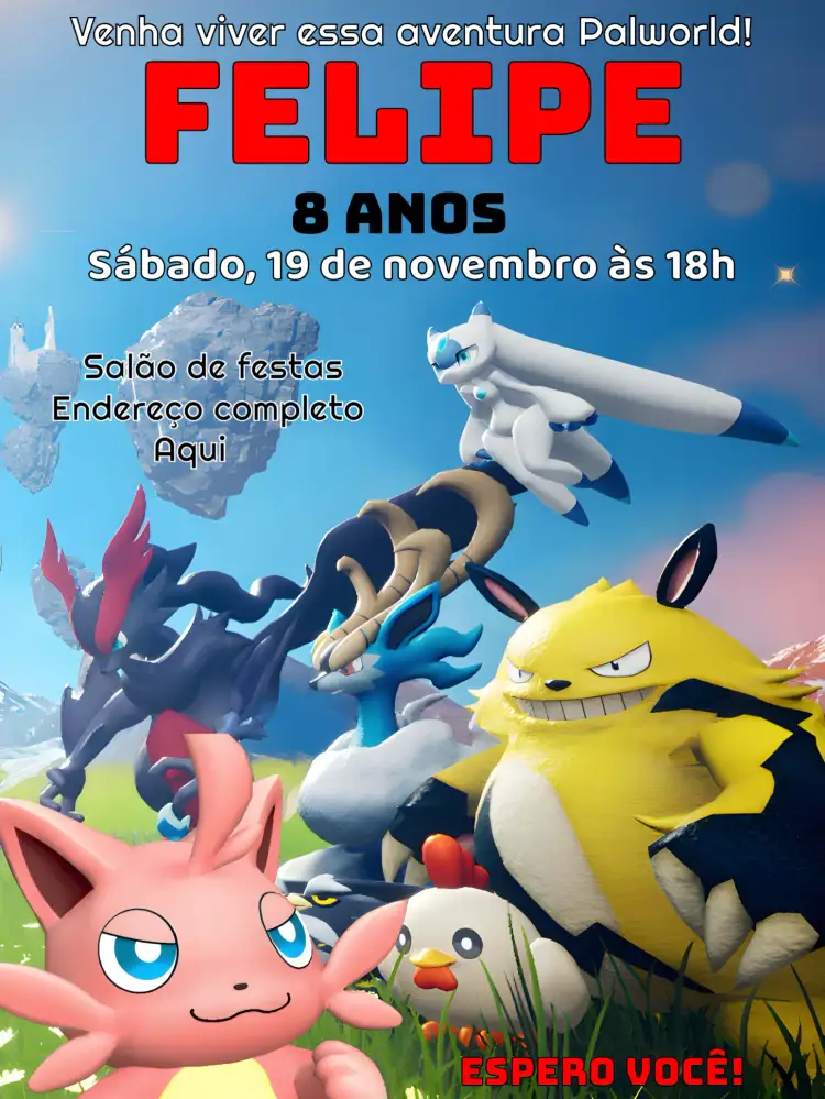 Convite Palworld Infantil – tema Mais pesquisados colorido, lúdico, jogos, diversão, moderno, interativo