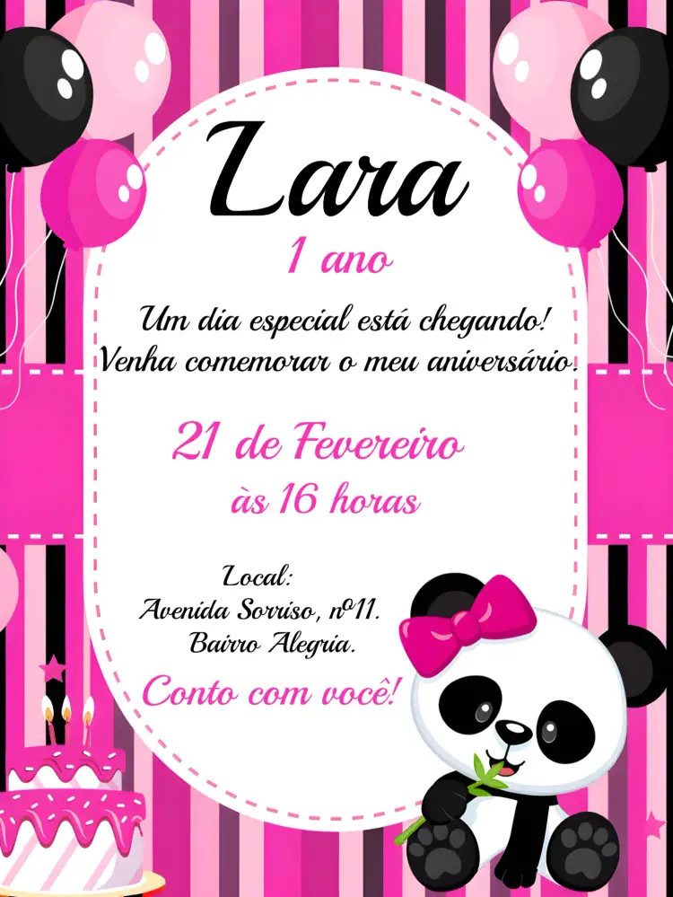 Convite Panda Ursinha – tema Mais pesquisados fofo, colorido, moderno, divertido, animais, infantil