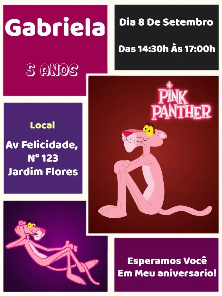 Convite Pantera Cor De Rosa Cinza – tema Aniversário Infantil colorido, lúdico, divertido, moderno, temático