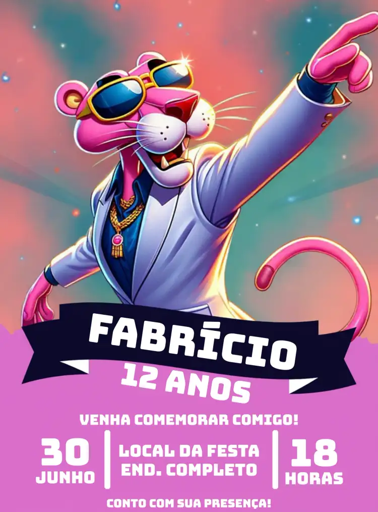 Convite Pantera Cor De Rosa Desenho – tema Aniversário Infantil cores vibrantes, estilo cartoon, inspirado em desenhos animados, feminino, divertido, colorido