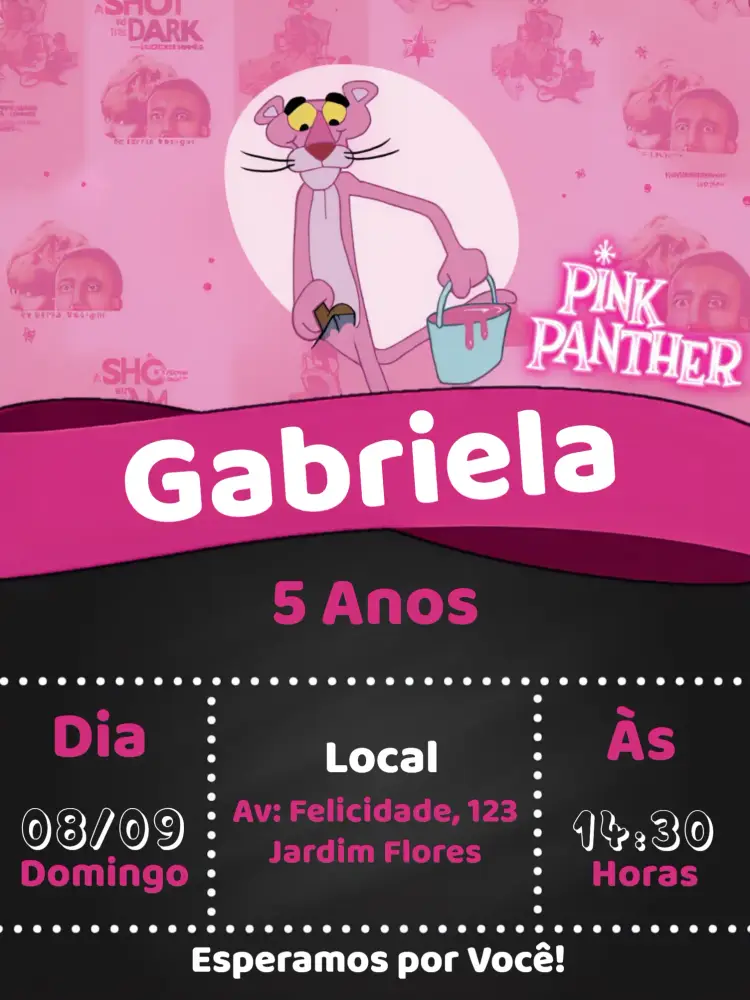 Convite Pantera Cor De Rosa Desenho