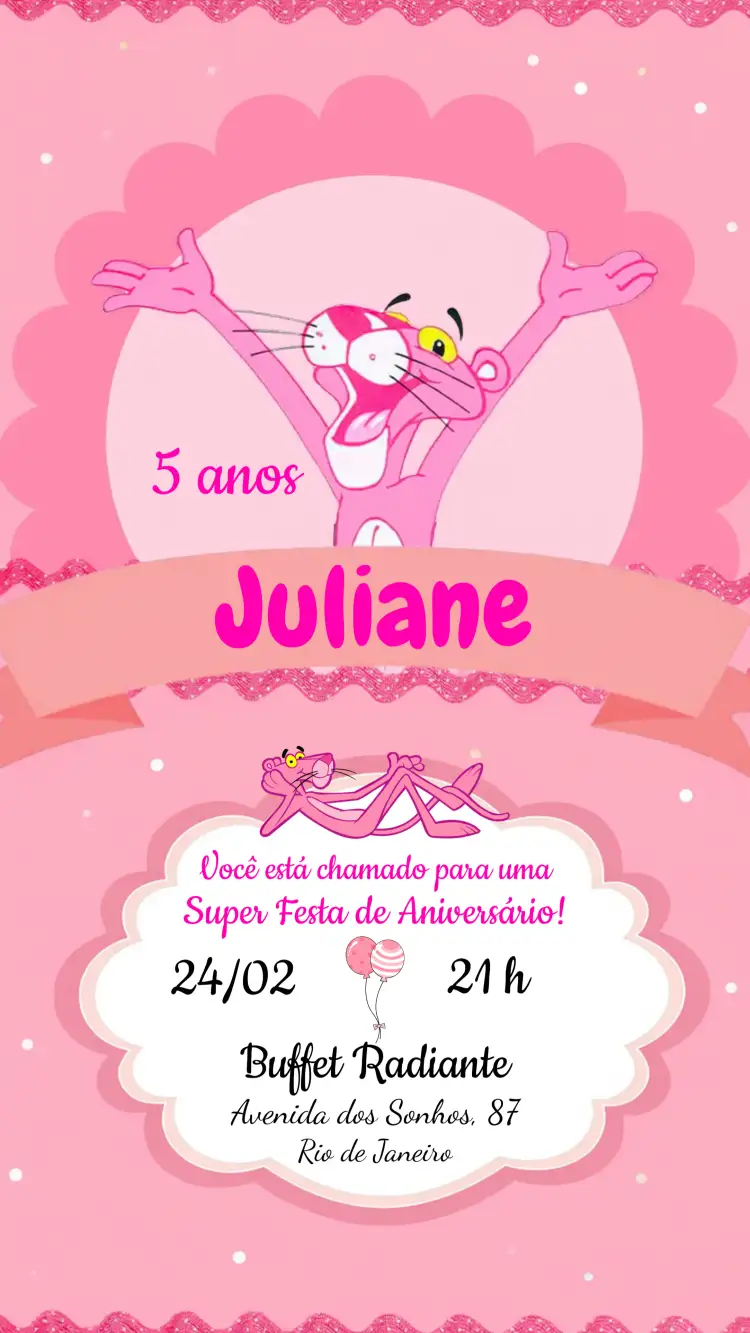 Convite Pantera Cor De Rosa – tema Aniversário Infantil cores vibrantes, estilo lúdico, elementos gráficos divertidos, tema de pantera, design colorido, estética alegre