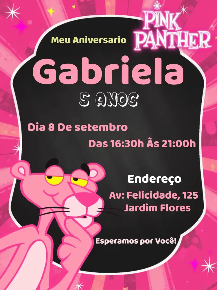 Convite Pantera Cor De Rosa Verde – tema Aniversário Infantil colorido, divertido, animalístico, lúdico, moderno, temático