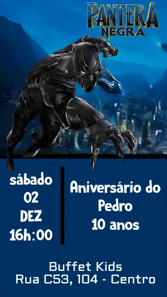Convite Pantera Negra – tema Aniversário Infantil Pantera Negra, Super-herói, Urbano