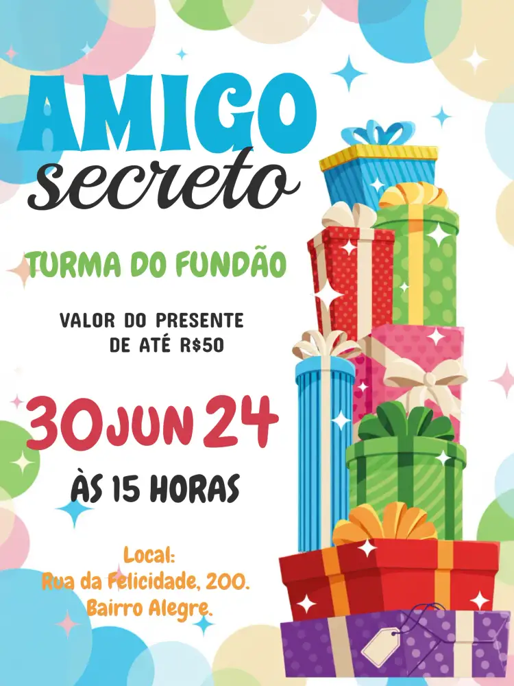 Convite Para Amigo Secreto Família – tema Datas Comemorativas festivo, natalino, aconchegante, colorido, moderno