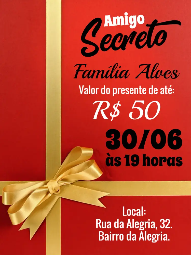 Convite Para Amigo Secreto Menina – tema Datas Comemorativas vermelho, festivo, alegre, moderno, infantil