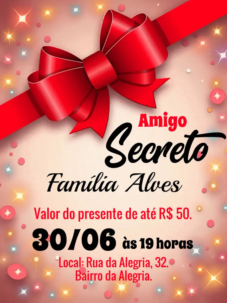 Convite Para Amigo Secreto Vermelho – tema Datas Comemorativas vermelho vibrante, estilo festivo, elementos natalinos, design acolhedor, estilo moderno, ilustrações divertidas