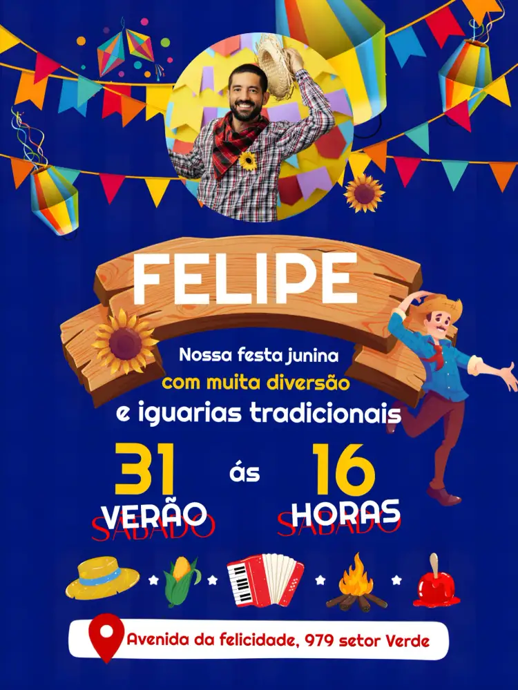 Convite Para Arraiá Festa Junina Com Foto Bandeirinhas – tema Datas Comemorativas colorido, vibrante, tradicional, festivo, rústico, brincalhão
