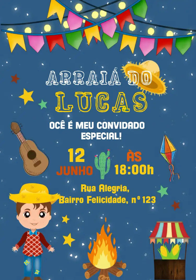 Convite Para Arraiá Festa Junina João – tema Datas Comemorativas colorido, festivo, típico, rústico, alegre, cultural