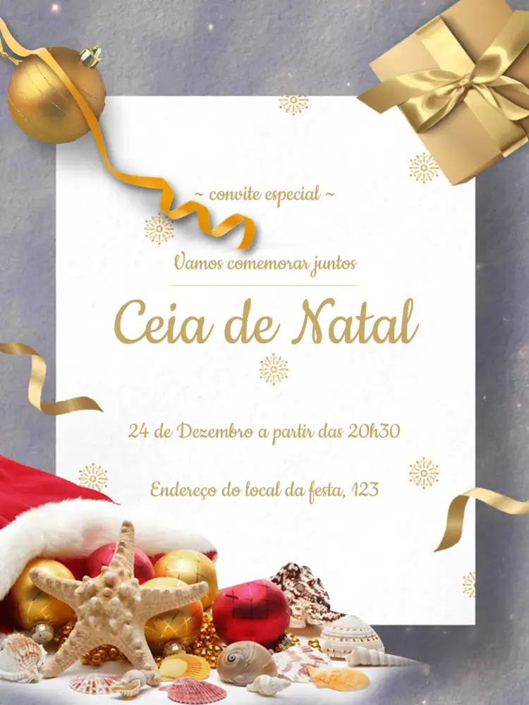 Convite Para Ceia De Natal Bolas – tema Datas Comemorativas dourado, vermelho, elegante, festivo, moderno