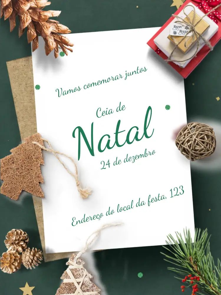 Convite Para Ceia De Natal Família – tema Datas Comemorativas vermelho e verde, dourado, minimalista, tradicional, ilustrações natalinas, estilo rústico