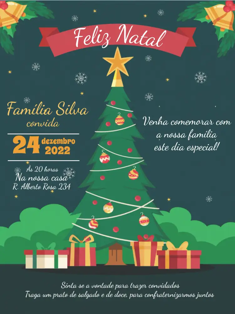 Convite Para Ceia De Natal Neve – tema Datas Comemorativas azul, verde, dourado, vermelho, neve, festivo