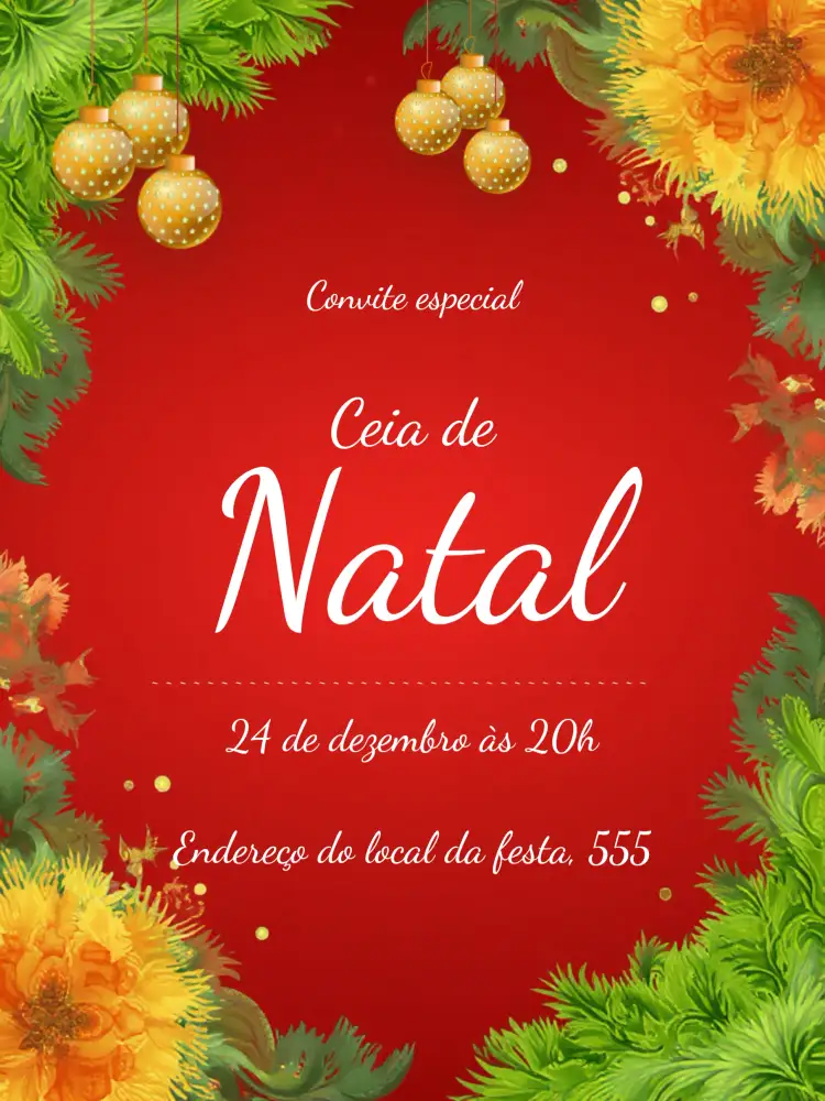 Convite Para Ceia De Natal Noel – tema Datas Comemorativas vibrante, tradicional, festivo, colorido, ilustrações de Natal, elementos natalinos
