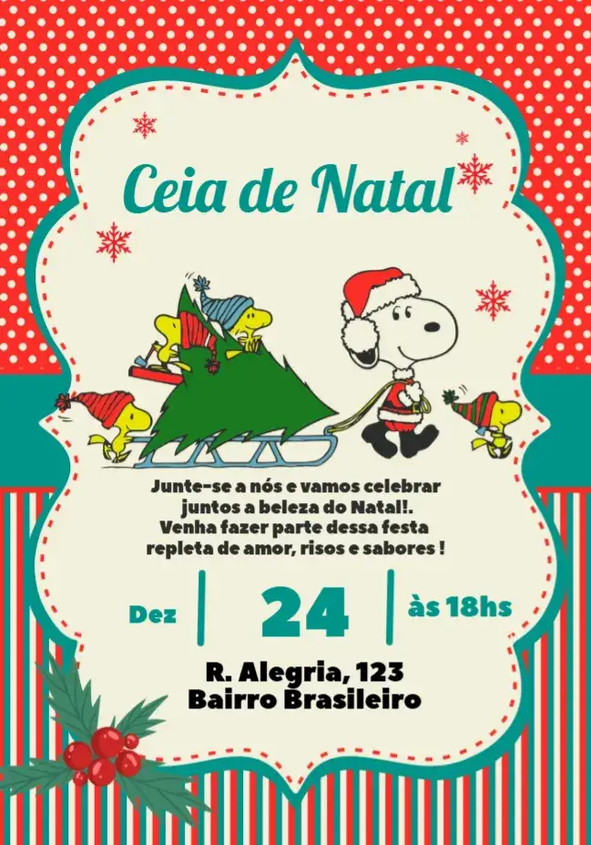 Convite Para Ceia De Natal Snoopy Confraternização – tema Datas Comemorativas vermelho, divertido, natalino, ilustrações, Snoopy, Peanuts