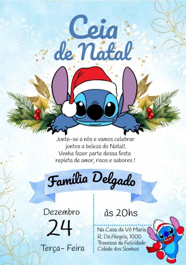 Convite Para Ceia Natal Stitch Aquarela – tema Datas Comemorativas aquarela, azul, Disney, festivo, divertido, temático