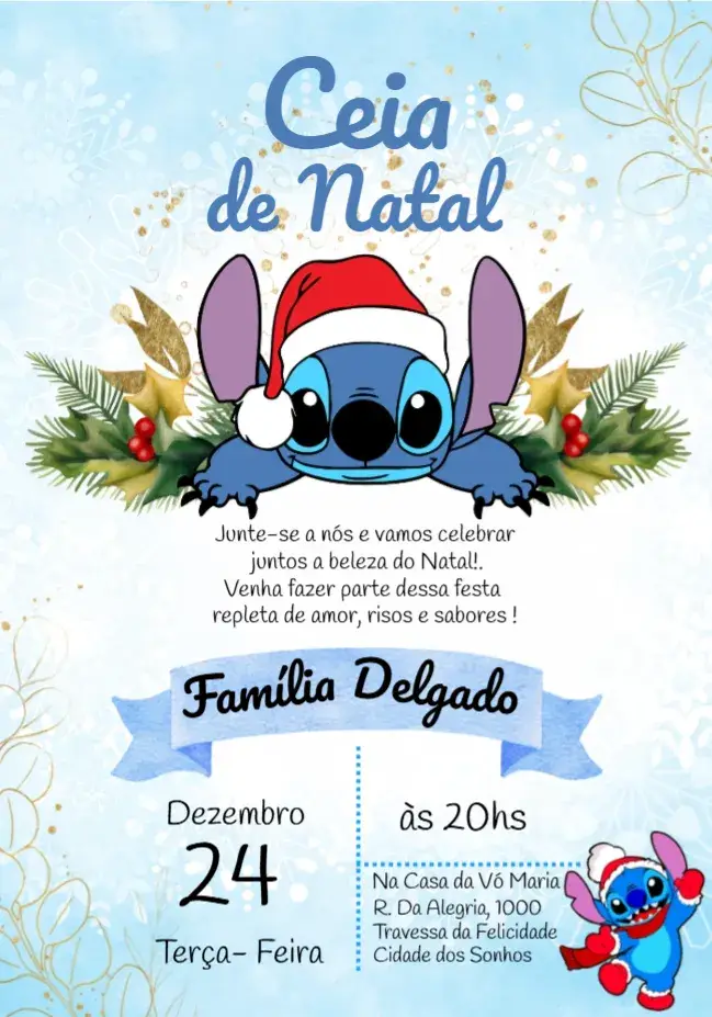 Convite Para Ceia Natal Stitch Aquarela