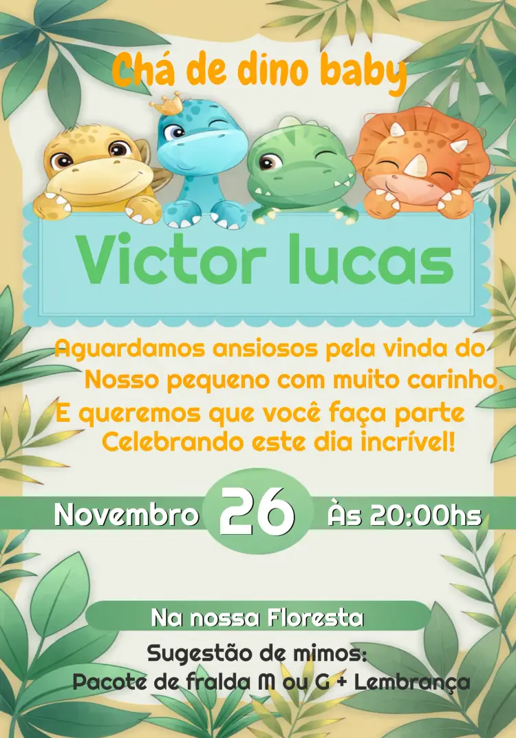 Convite Para Chá De Fraldas Dino Baby Menino