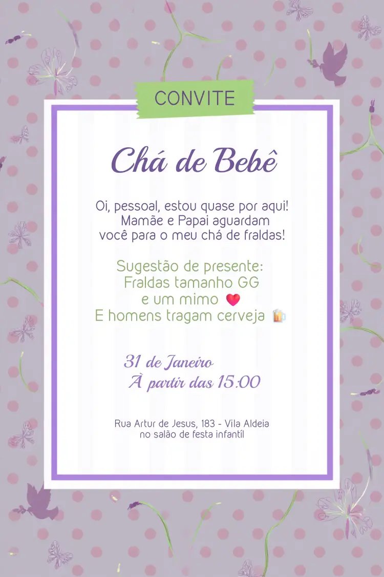 Convite Para Chá De Fraldas Lavanda Lilás