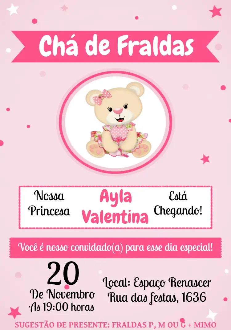 Convite Para Chá De Fraldas Ursinha Princesa Bebê – tema Chá de Fraldas rosa suave, ursinha fofa, infantil, delicado, festivo, alegre