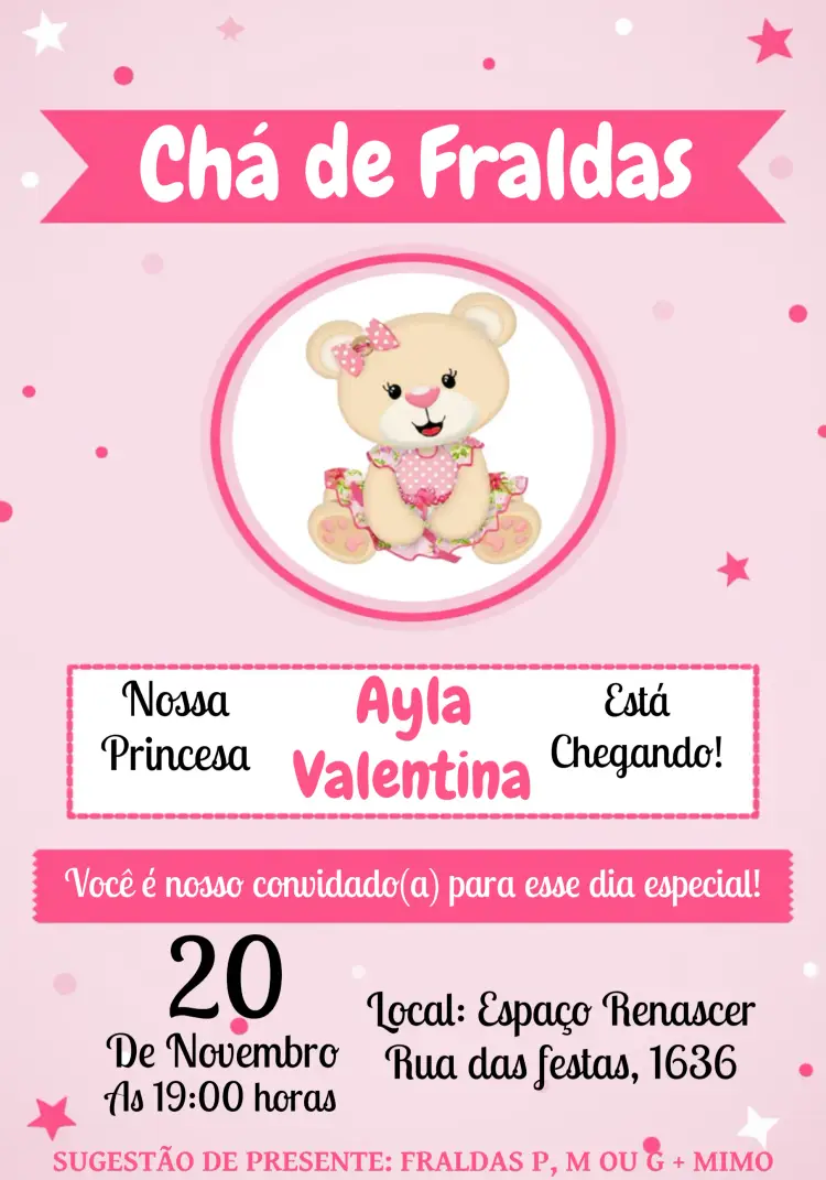 Convite Para Chá De Fraldas Ursinha Princesa Bebê