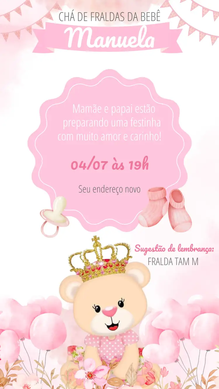 Para Chá De Fraldas Ursinha Princesa Menina