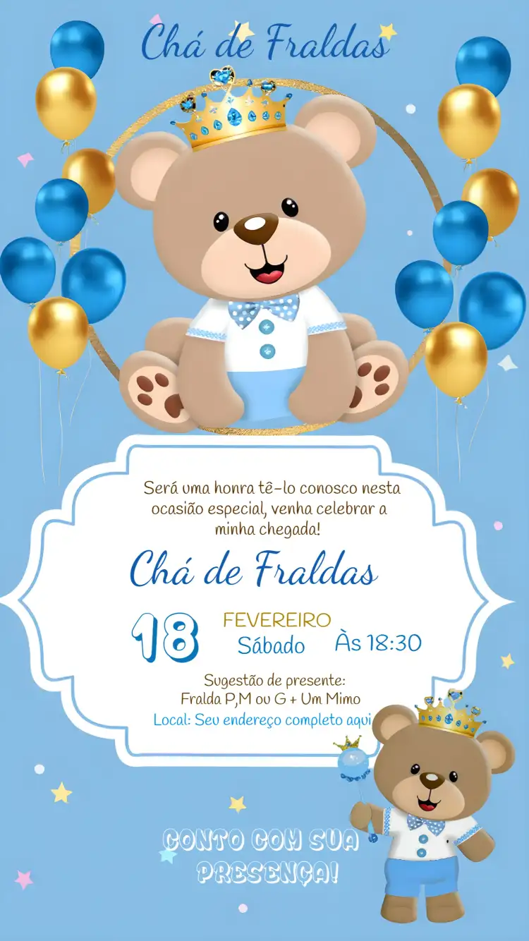 Para Chá De Fraldas Ursinho Príncipe Azul