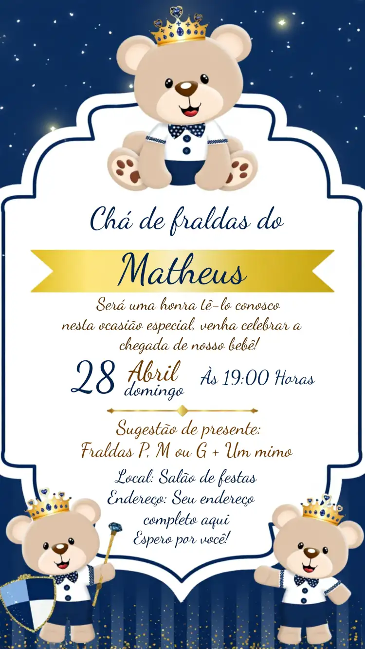 Para Chá De Fraldas Ursinho Príncipe Azul