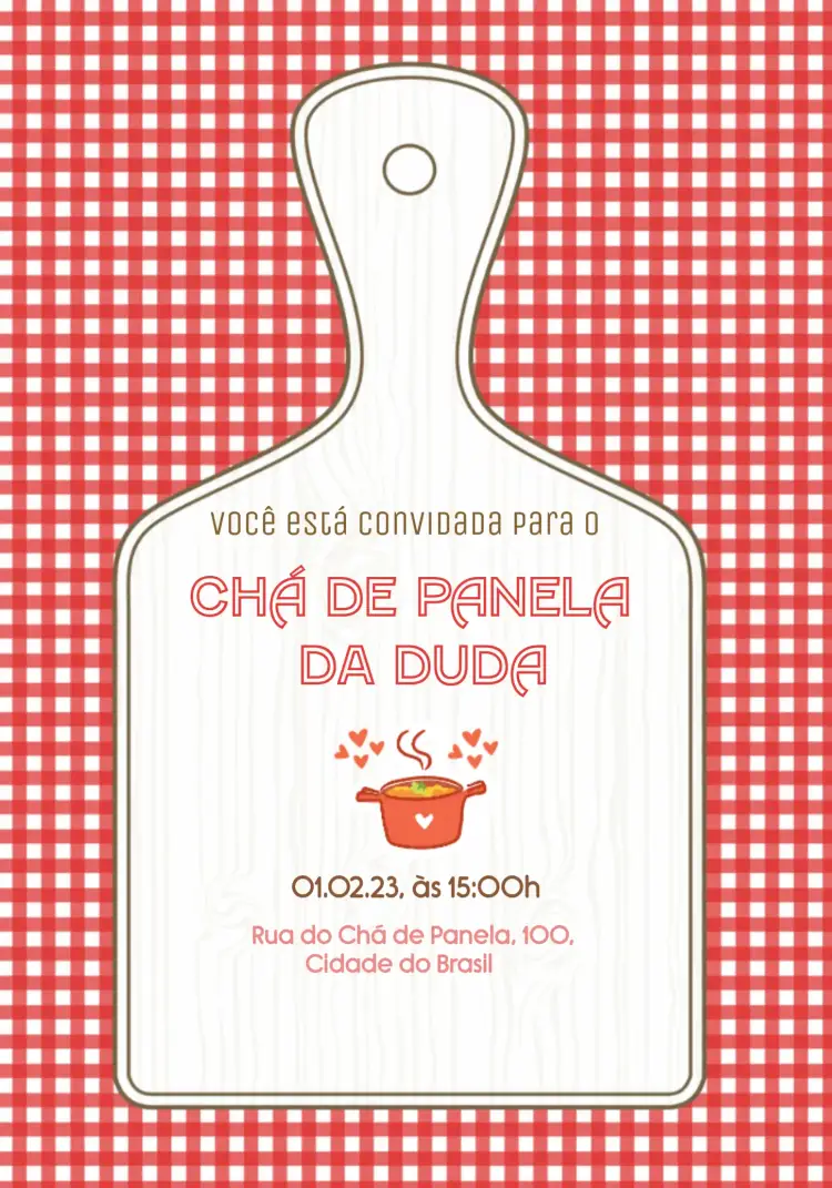 Convite Para Chá De Panela Tábua – tema Chá de Panela rústico, acolhedor, vermelho, marrom, branco, tábua