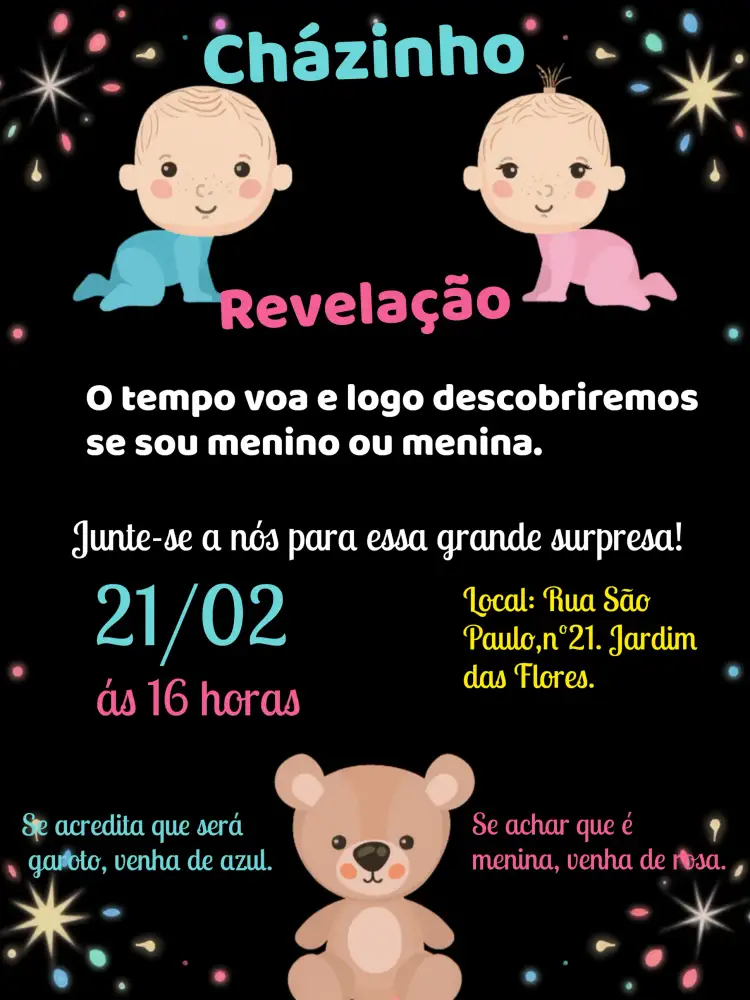 Convite Para Chá Revelação Bebês Urso – tema Chá Revelação fofo, colorido, ilustrações de animais, moderno, divertido