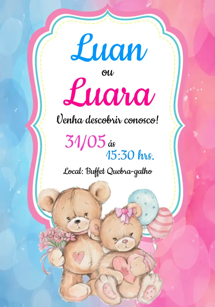 Convite Para Chá Revelação Ursinhos Azul – tema Chá Revelação aquarela, ursinhos, azul e rosa, divertido, infantil, suave