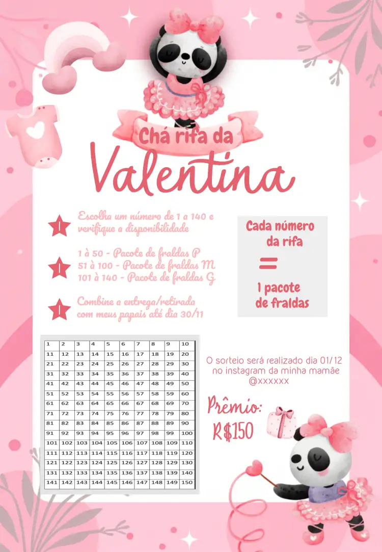 Convite Para Chá Rifa Panda Bailarina Menina – tema Chá Rifa rosa, bailarina, panda, infantil, lúdico, alegre