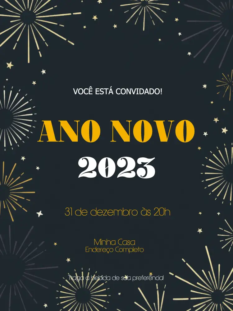 Convite Para Festa De Ano Novo Branco – tema Datas Comemorativas branco, dourado, azul, moderno, festivo, elegante